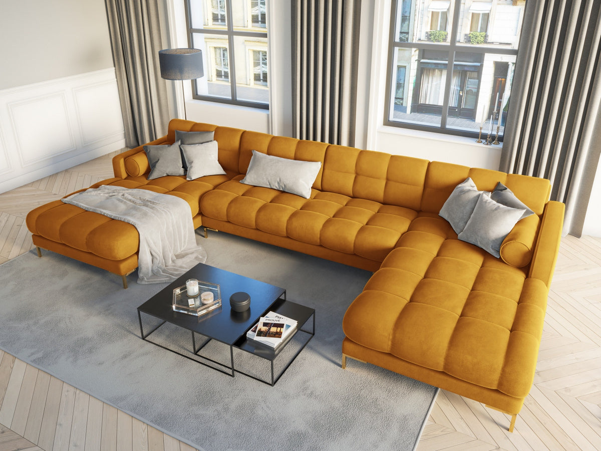 Ecksofa 7-Sitzer Panoramic Sofa Bali mit Stoffbezug, Récamière und Metallbeinen