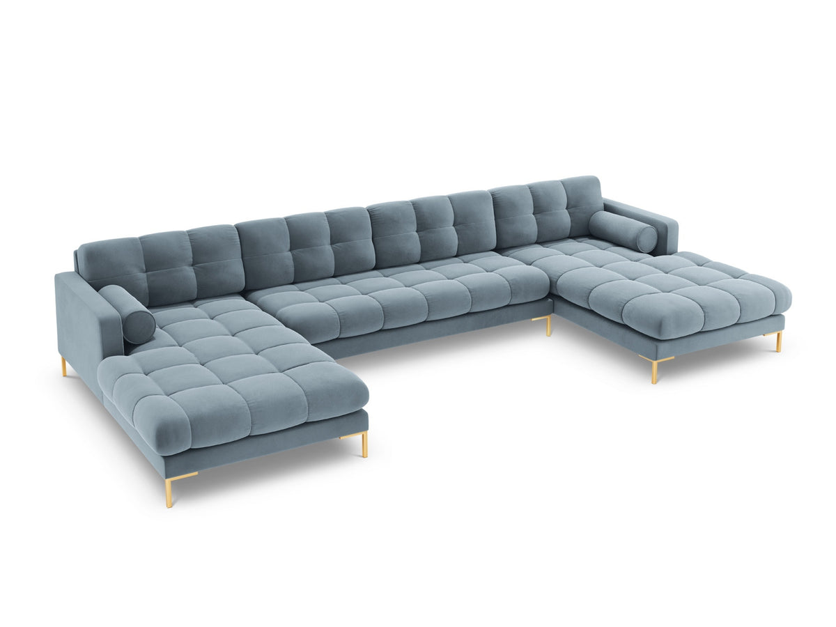 Ecksofa 7-Sitzer Panoramic Sofa Bali mit Stoffbezug, Récamière und Metallbeinen