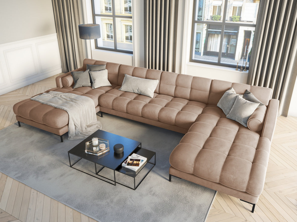 Ecksofa 7-Sitzer Panoramic Sofa Bali mit Stoffbezug, Récamière und Metallbeinen
