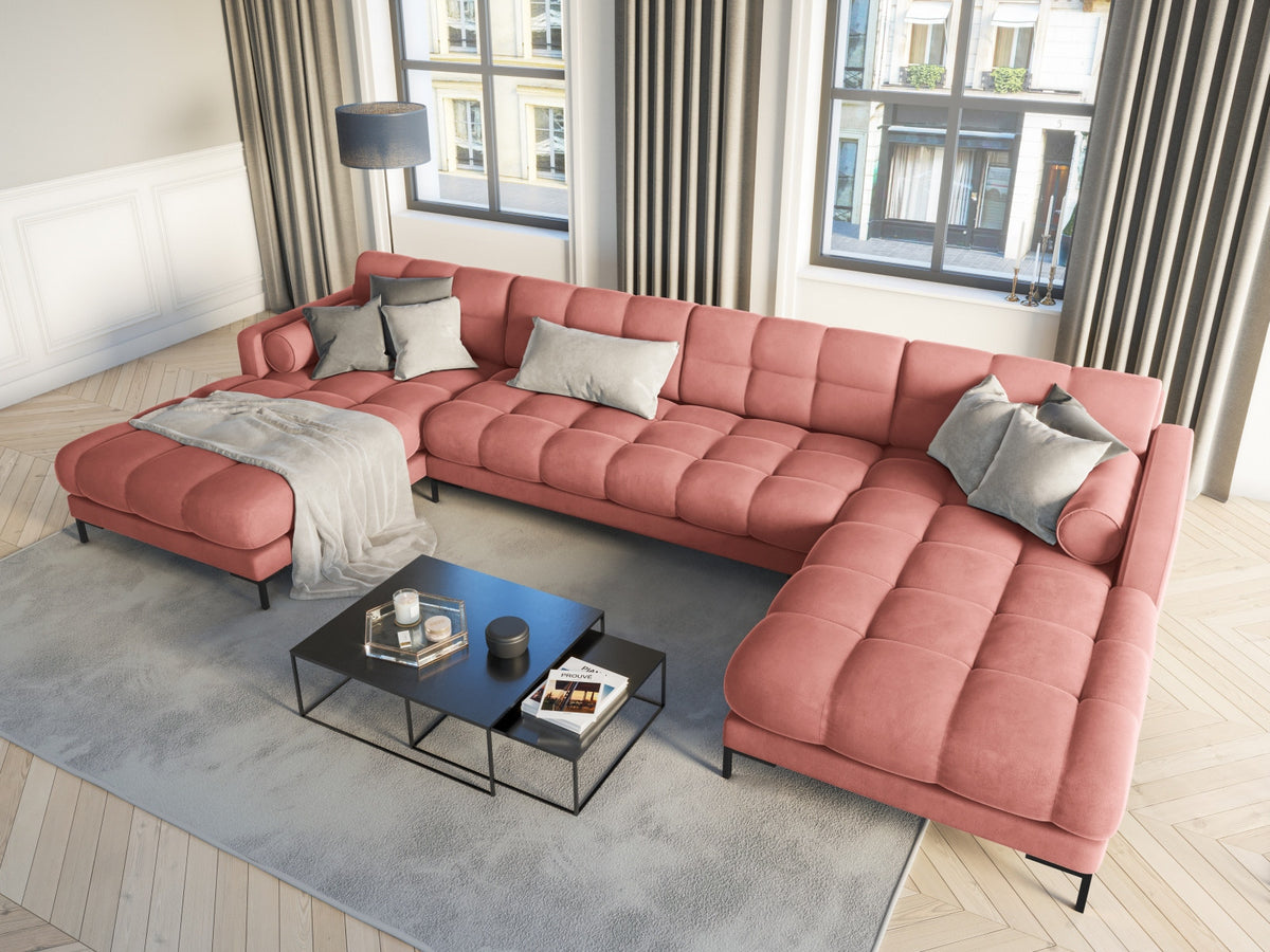 Ecksofa 7-Sitzer Panoramic Sofa Bali mit Stoffbezug, Récamière und Metallbeinen