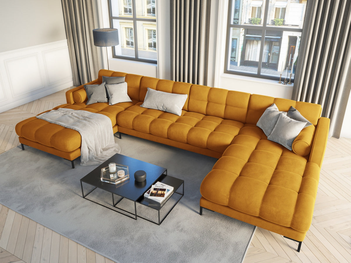 Ecksofa 7-Sitzer Panoramic Sofa Bali mit Stoffbezug, Récamière und Metallbeinen