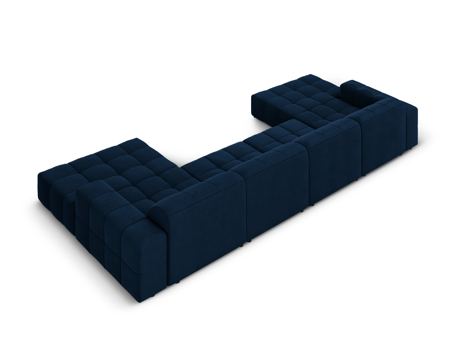 Stilvolles 6-Sitzer Chicago Velour Panoramic Sofa in Royal Blue, perfekt für gesellige Runden und modernes Wohndesign.
