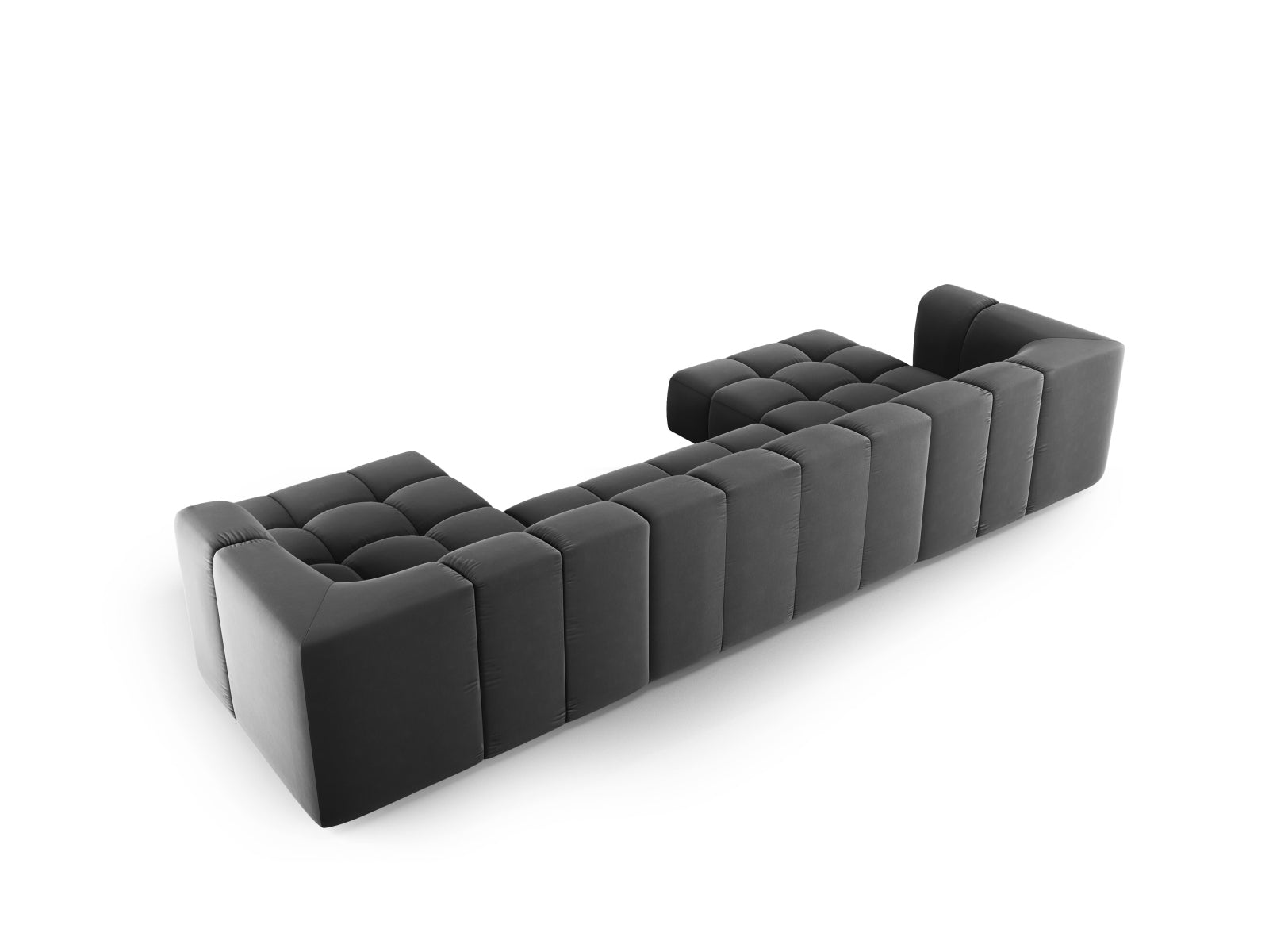 Geräumiges Panoramic Sofa Moritz in modernem Grau-Bluvel, perfekt für gesellige Abende und stilvolle Einrichtung.