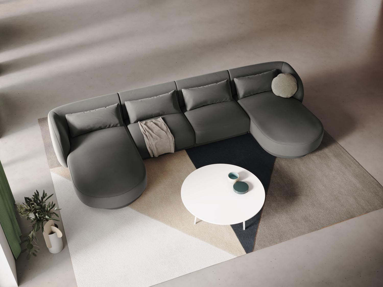Elegantes Tulum Velour Panoramic Sofa in sanftem Grau, ideal für stilvolle Wohnräume. Komfortables 5-Sitzer-Design von Cosmopolitan Design.