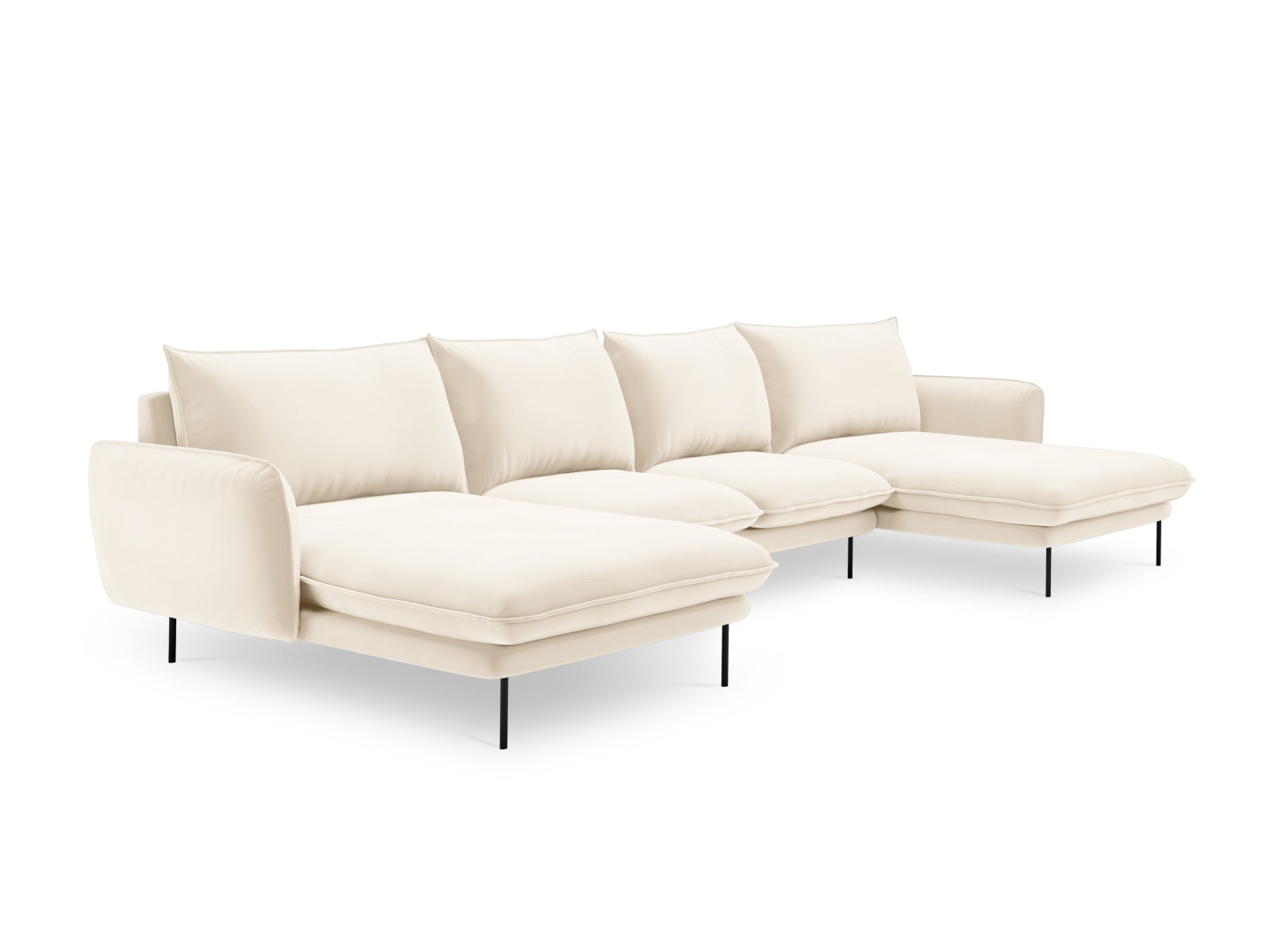 Modernes 6-Sitzer Sofa im Veloursdesign, kombiniert sanfte Beige- und schwarze Farbtöne für ein stilvolles Ambiente.