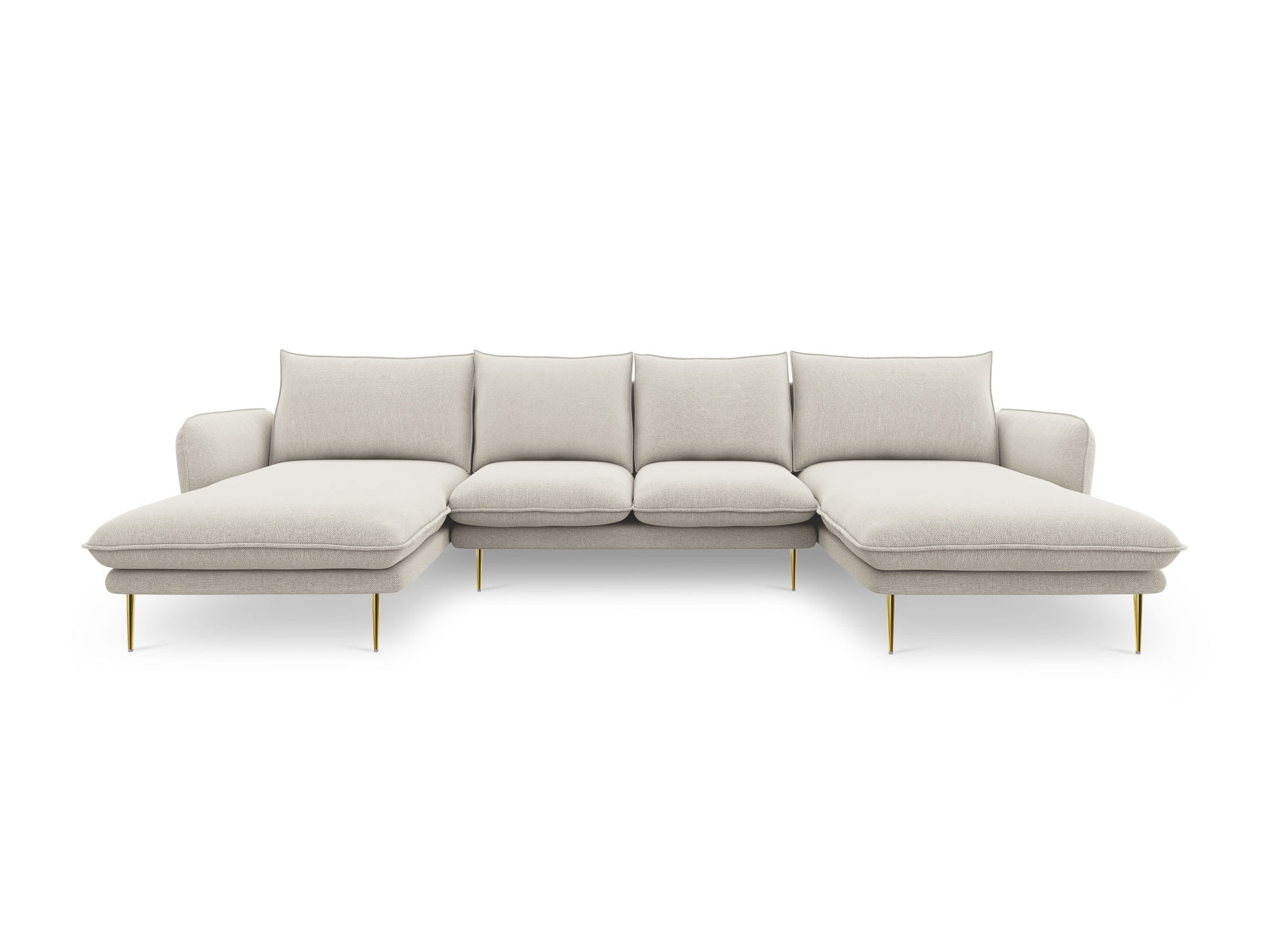 Modernes 6-Sitzer Vienna Panoramic Sofa in hellem Beige mit luxuriösen goldenen Details, perfekt für einladende Wohnbereiche.