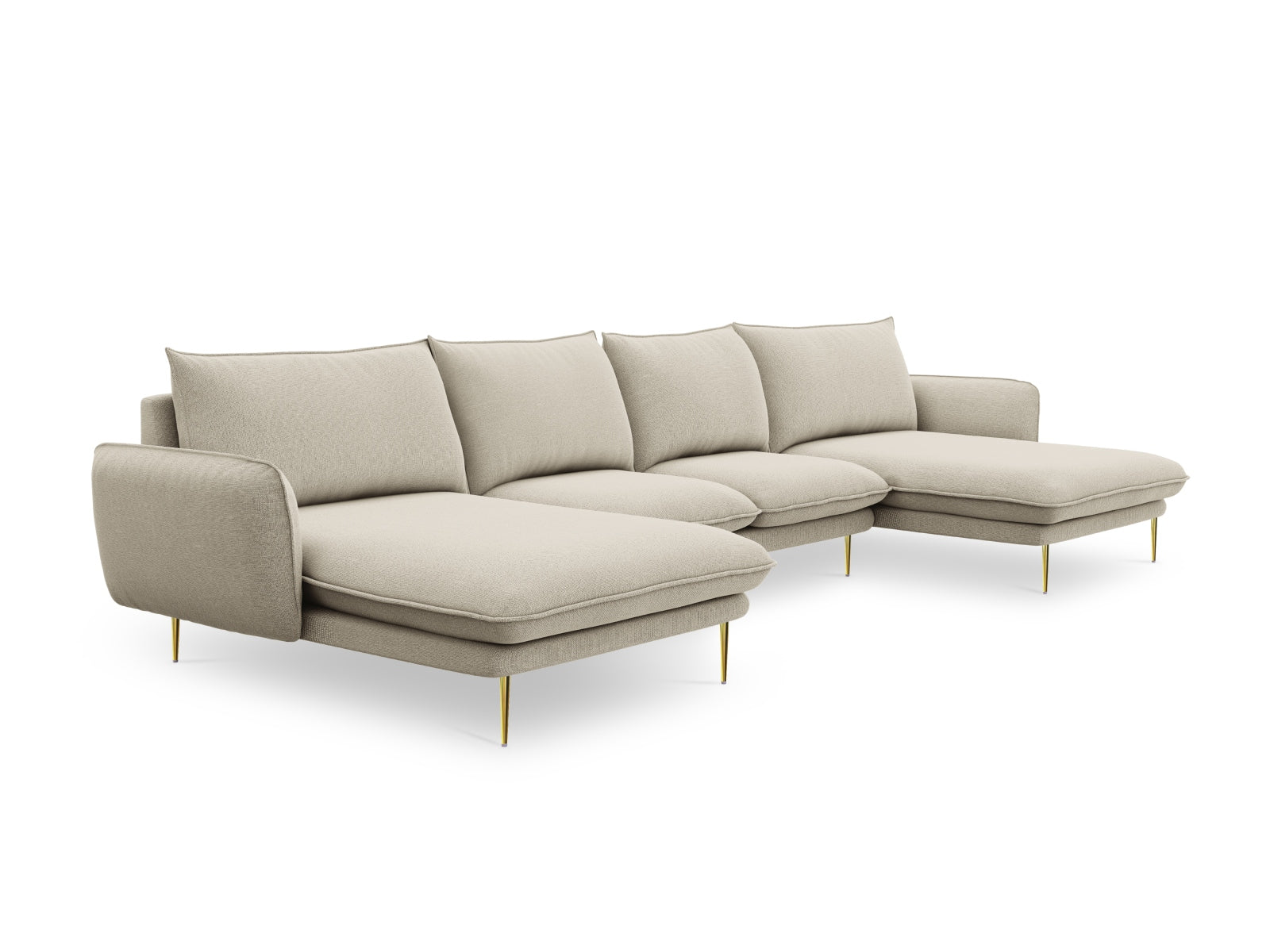 Elegantes 6-Sitzer Sofa Vienna Panoramic in sanften Beige- und Goldtönen, ideal für stilvolle Wohnräume und gesellige Zusammenkünfte.