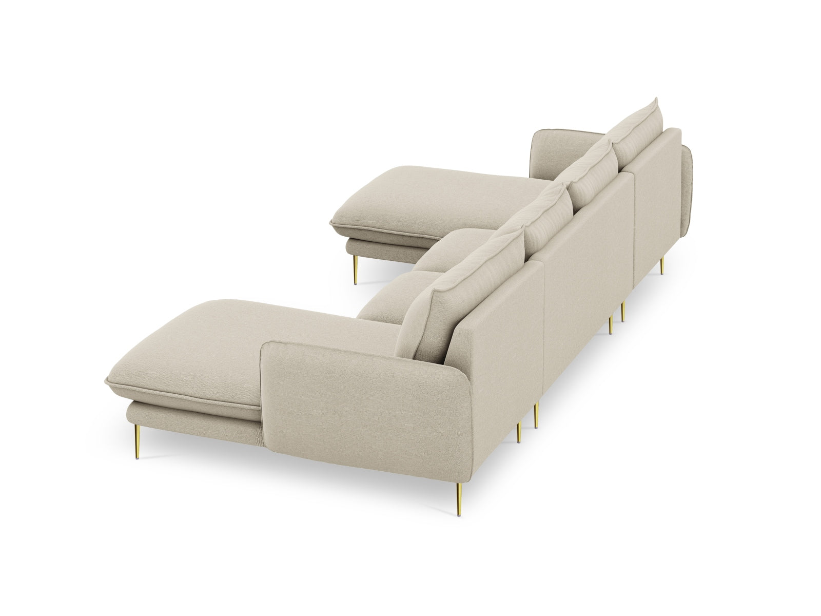 Modernes 6-Sitzer Sofa Vienna Panoramic in warmen Beige- und Goldnuancen, perfekt für gemütliche Abende und stilvolle Einrichtung.