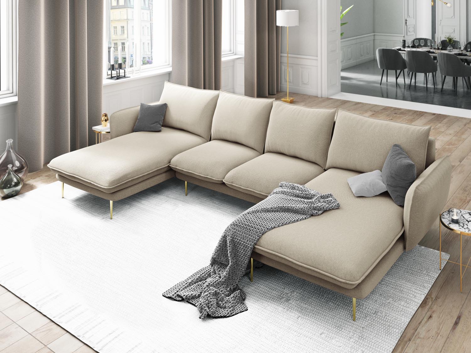 Elegantes Vienna Panoramic Sofa für 6 Personen in stilvollem Beige und Gold-Positano, ideal für moderne Wohnräume.