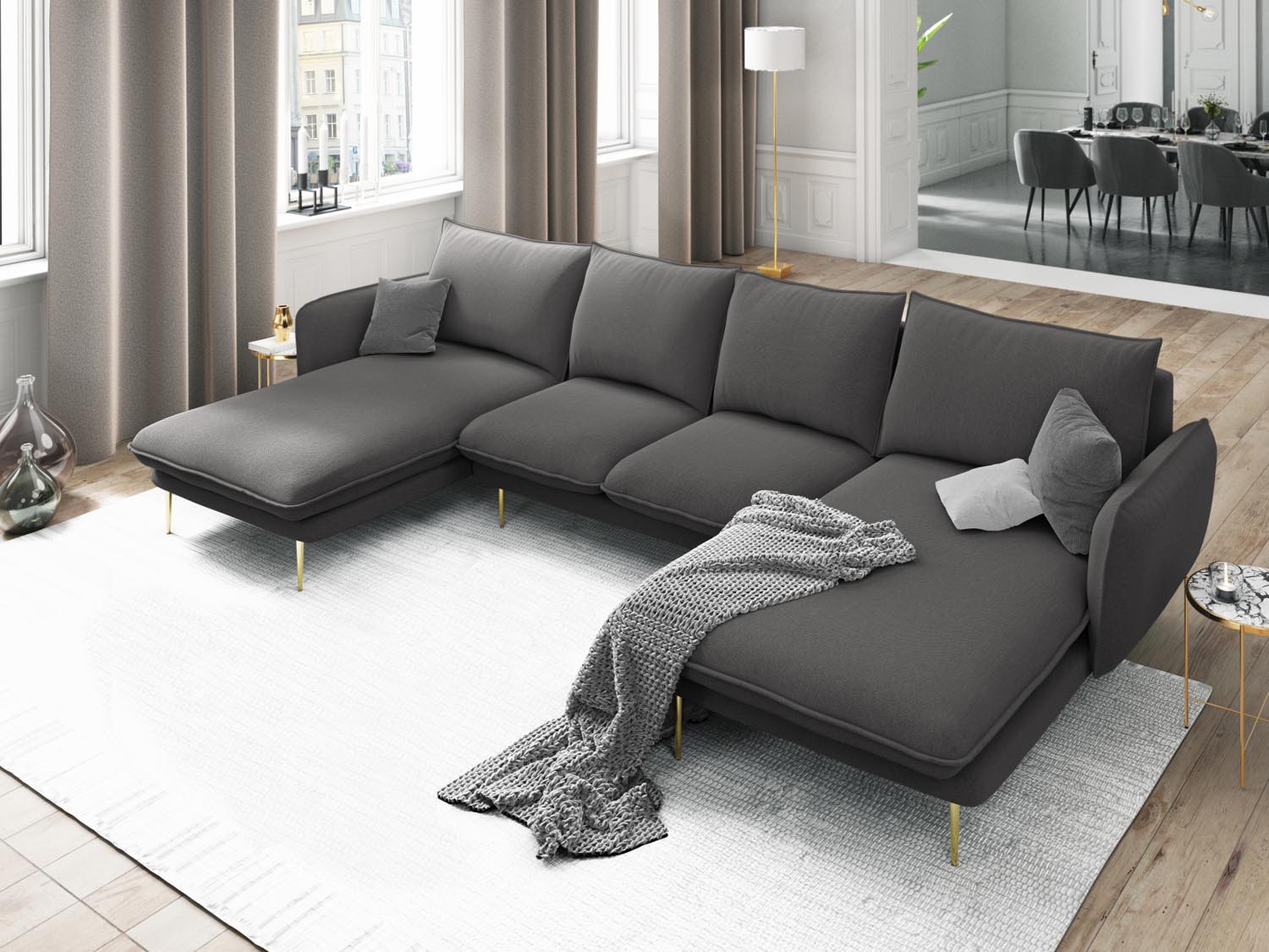 Elegantes Vienna Panoramic Sofa für 6 Personen in Dunkelgrau mit goldenen Akzenten, ideal für stilvolle Wohnräume.