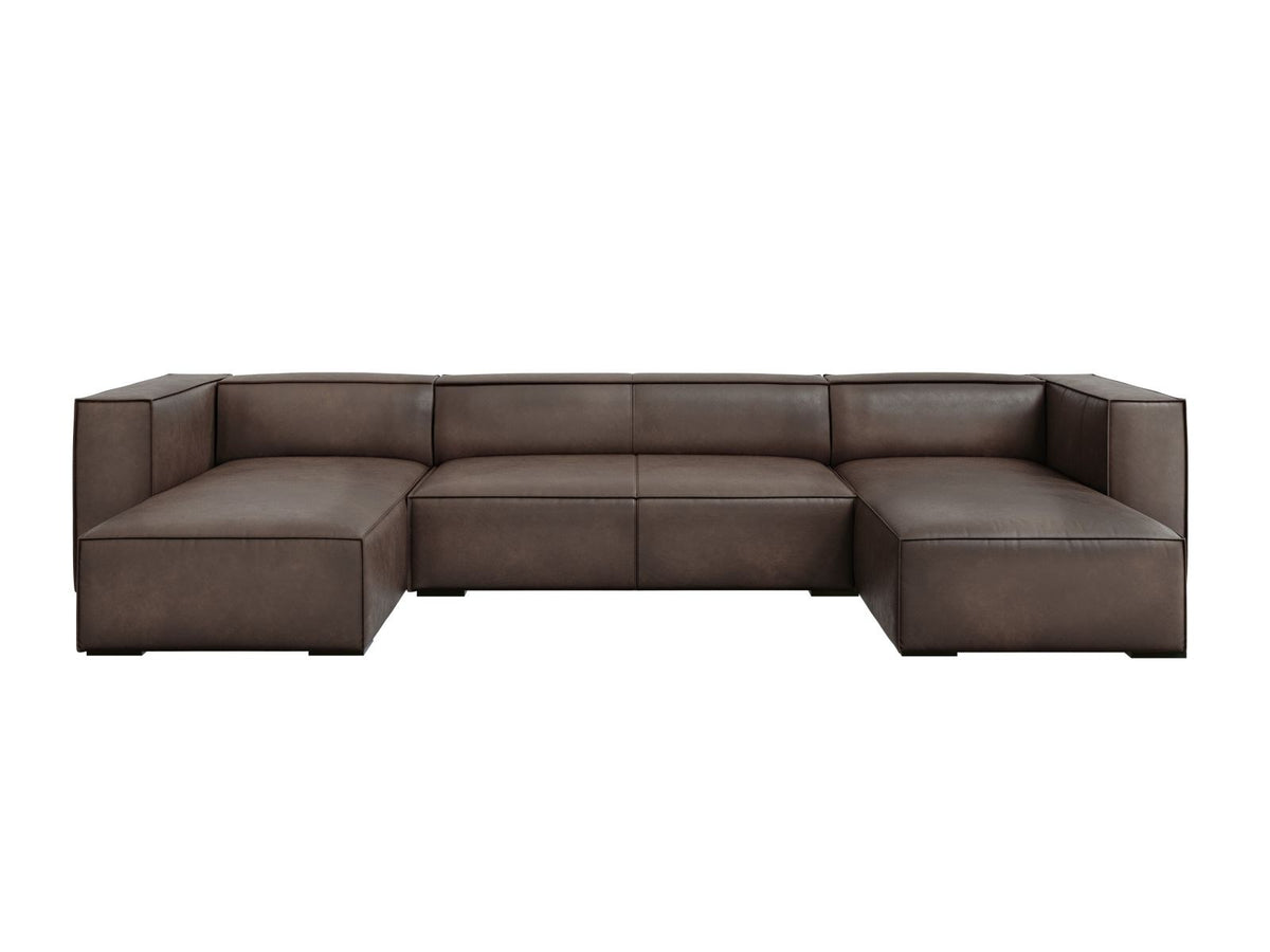 Panorama-Sofa Turin aus Rindsleder in Grau-Braun mit Récamiere, Massivholzrahmen und Beinen aus schwarzem Buchenholz, 375 cm breit.