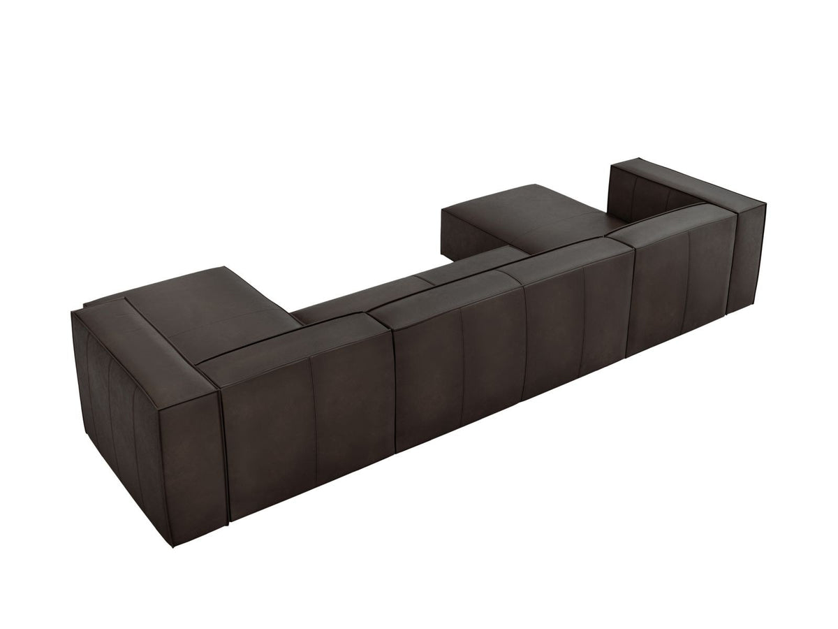 Panorama-Sofa Turin aus Rindsleder in Grau-Braun mit Récamiere, Massivholzrahmen und Beinen aus schwarzem Buchenholz, 375 cm breit.