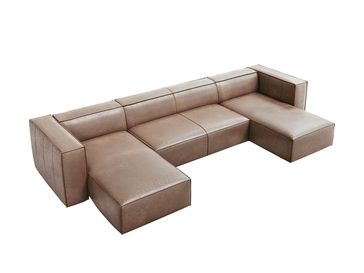 Panorama-Sofa Turin aus Rindsleder in Grau-Braun mit Récamiere, Massivholzrahmen und Beinen aus schwarzem Buchenholz, 375 cm breit.