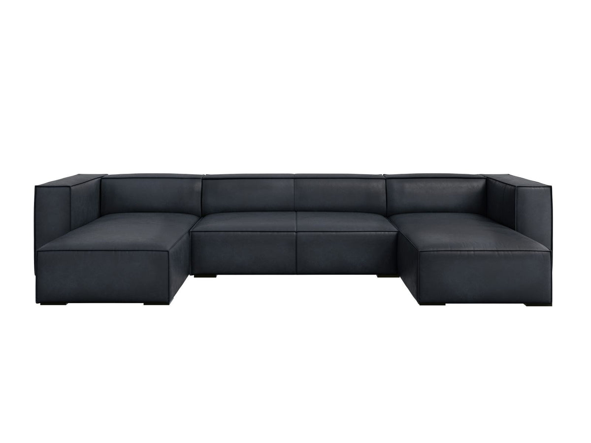 Panorama-Sofa Turin aus Rindsleder in Grau-Braun mit Récamiere, Massivholzrahmen und Beinen aus schwarzem Buchenholz, 375 cm breit.