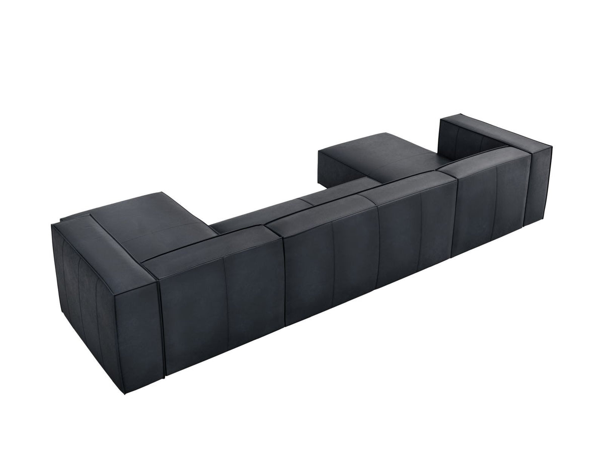 Panorama-Sofa Turin aus Rindsleder in Grau-Braun mit Récamiere, Massivholzrahmen und Beinen aus schwarzem Buchenholz, 375 cm breit.