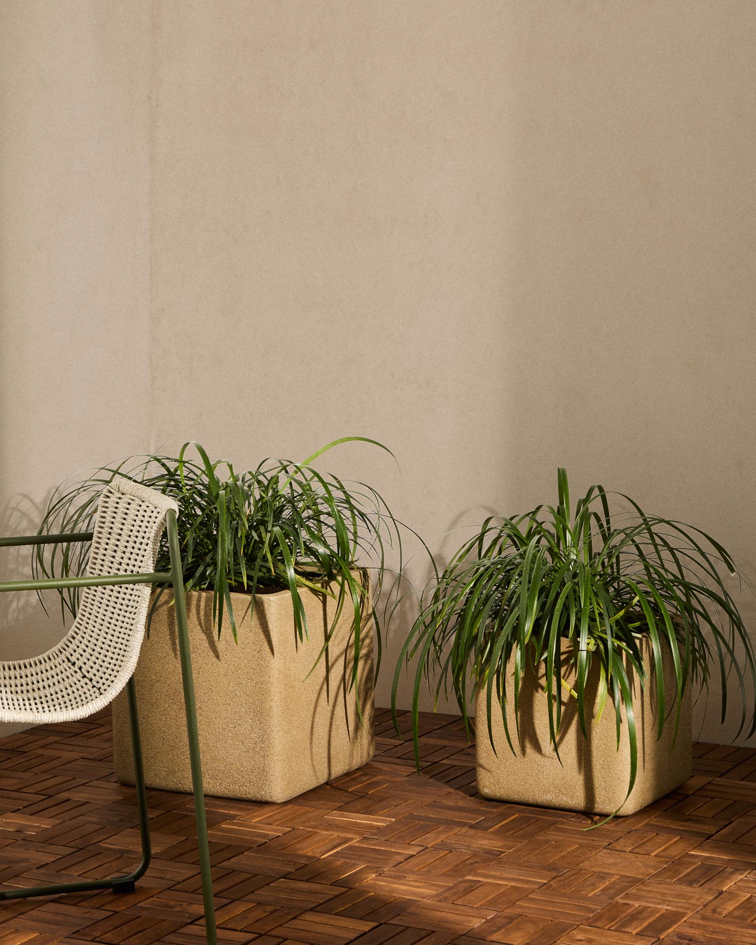 Set aus 2 Blumentöpfen Minoa in senfgelber Steinoptik, ideal für moderne Wohnräume. Langlebig und vielseitig für drinnen und draußen.