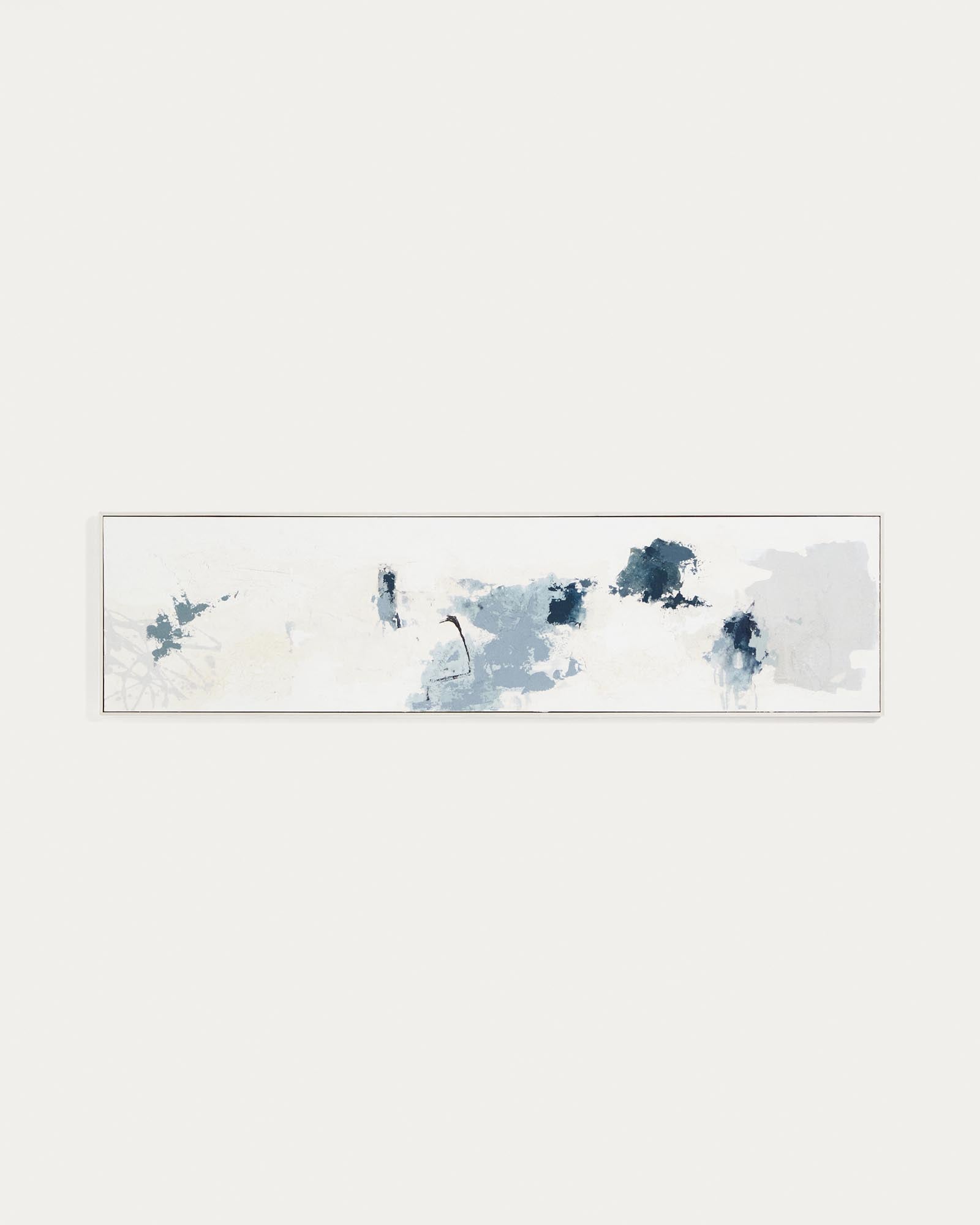 Abstraktes, handgemaltes Kunstwerk Erale in eleganten Grau- und Blautönen, 47 x 182 cm, ideal für moderne Wohnräume.