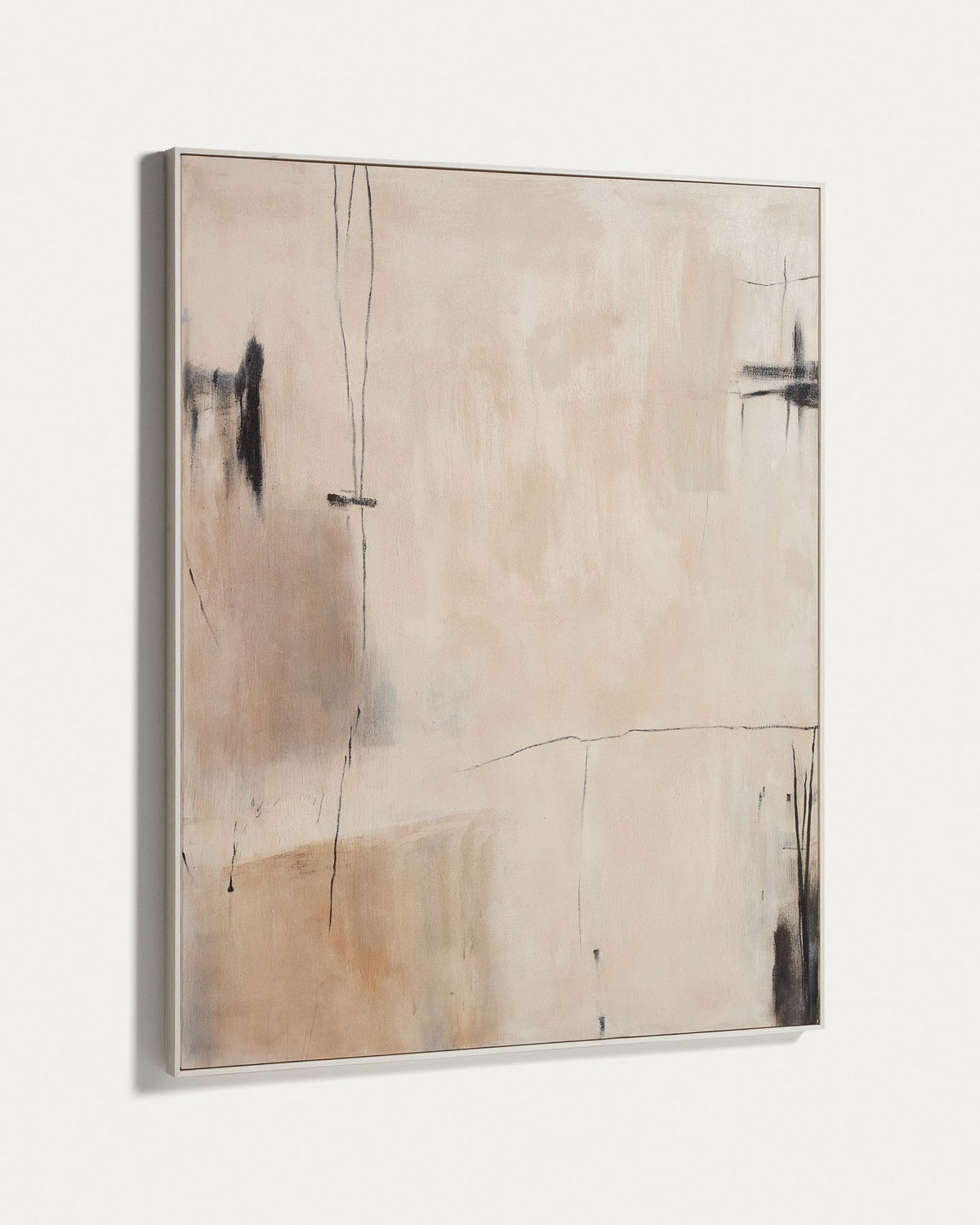 Abstraktes Bild Meril in Beige, Hellbraun und Ecru mit Reliefstruktur, Rahmen aus Kiefernholz und Segeltuch, Grösse 120 x 150 cm.
