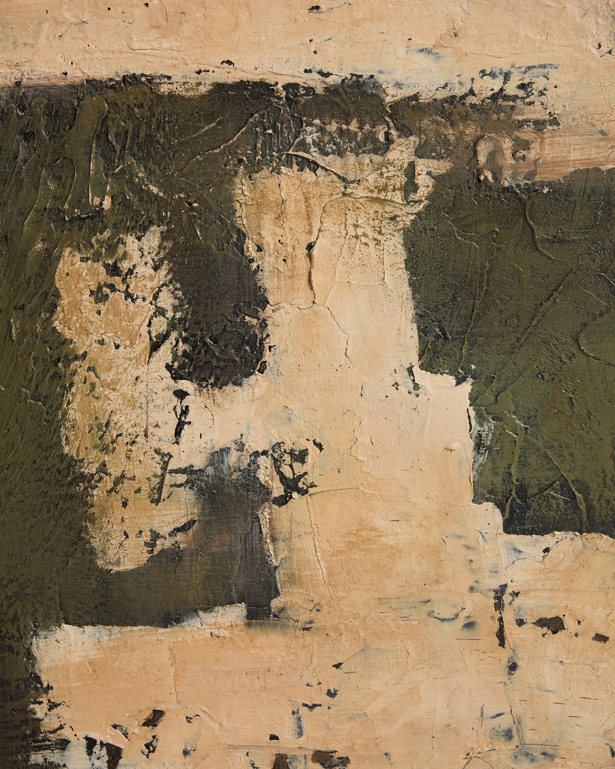 Abstraktes Wandbild Emeri aus Kiefernholz und Segeltuch in Oliv- und Beigetönen, handgemalt, Masse 120 x 200 cm, dunkelgrüner Farbton.