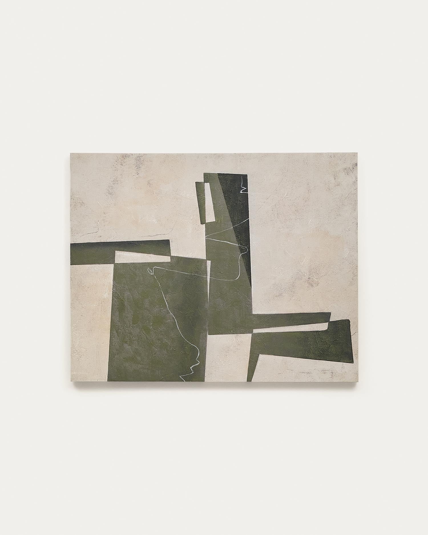 Abstrakte Leinwand Fida: Grüne Töne und dynamische Formen, 118x94 cm, für moderne, stilvolle Räume.