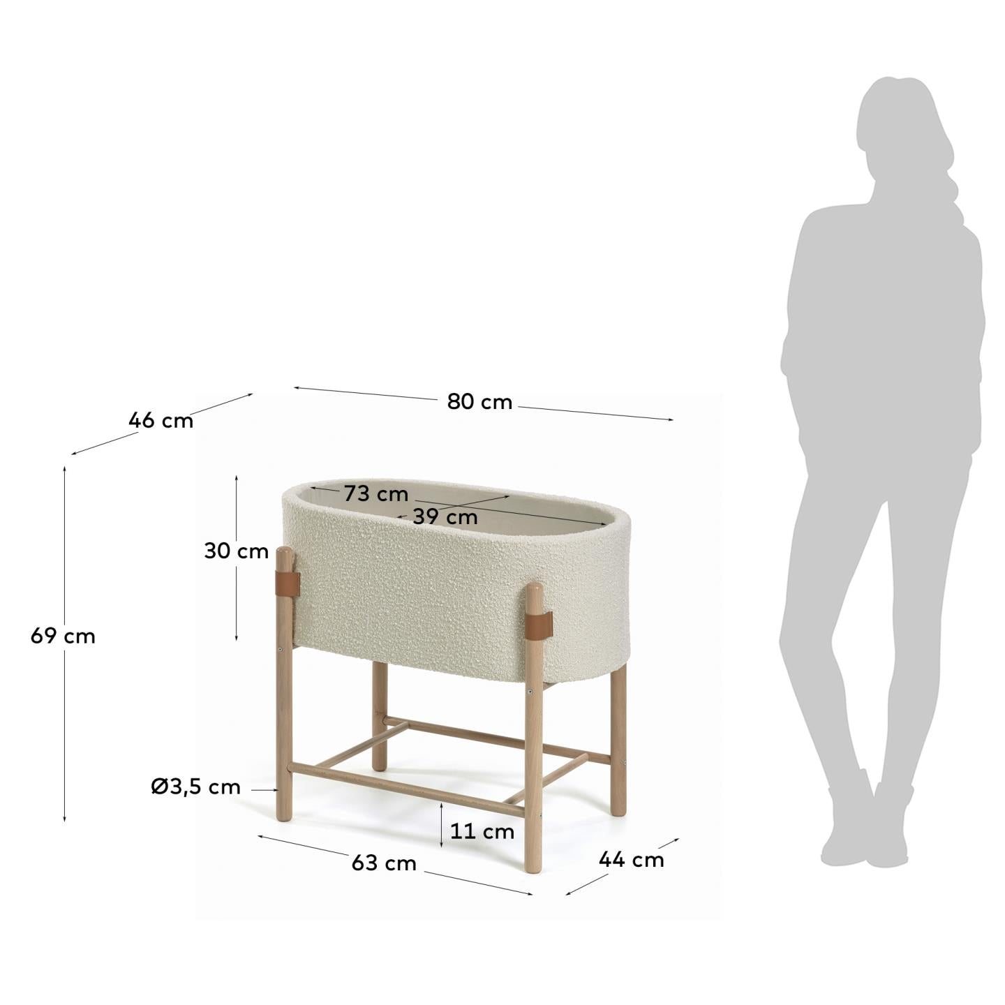 Der Adara Stubenwagen in elegantem Bouclé Weiss vereint Komfort und Nachhaltigkeit aus massivem Buchenholz für Ihr Neugeborenes.