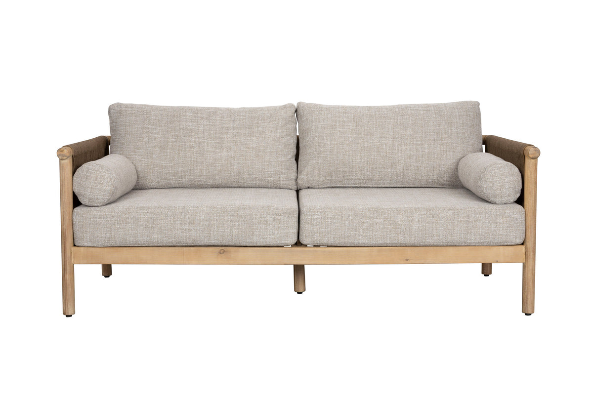 Beiges Outdoor-Loungesofa mit Akazienholzrahmen, Seil an den Lehnen und Couchtisch