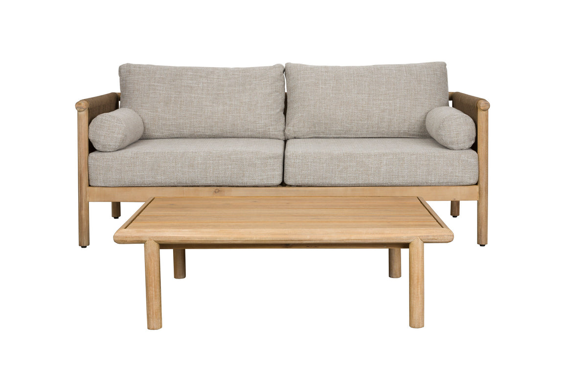 Beiges Outdoor-Loungesofa mit Akazienholzrahmen, Seil an den Lehnen und Couchtisch