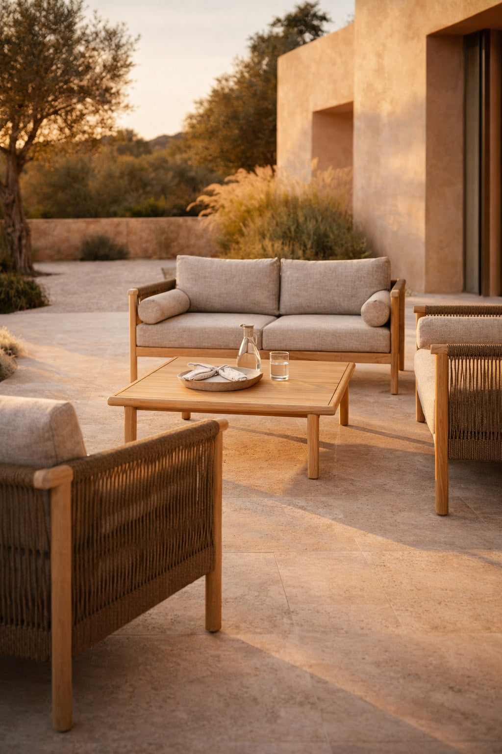 Beiges Outdoor-Loungesofa mit Akazienholzrahmen, Seil an den Lehnen und Couchtisch