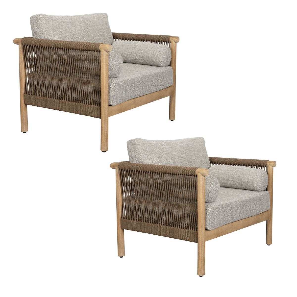 Beiger Outdoor-Sessel Oasis mit Armlehnen, Akazienholzrahmen, Kissen und gespanntem Seil
