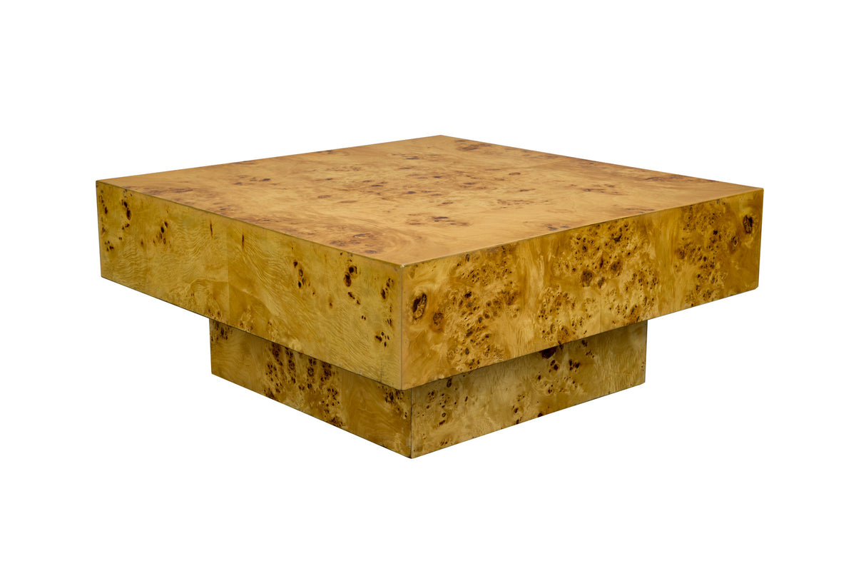 Quadratischer Couchtisch Quinn von Dutchbone in Braun mit glänzender Wurzelholzfurnier-Oberfläche