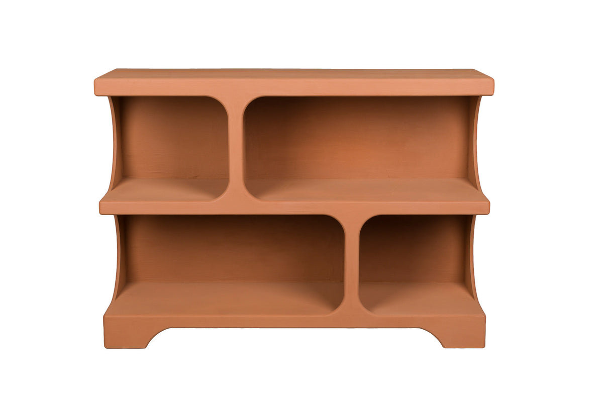 Bücherregal Dundee in Terracotta aus mattem Holz mit ungleichmässigen Fächern