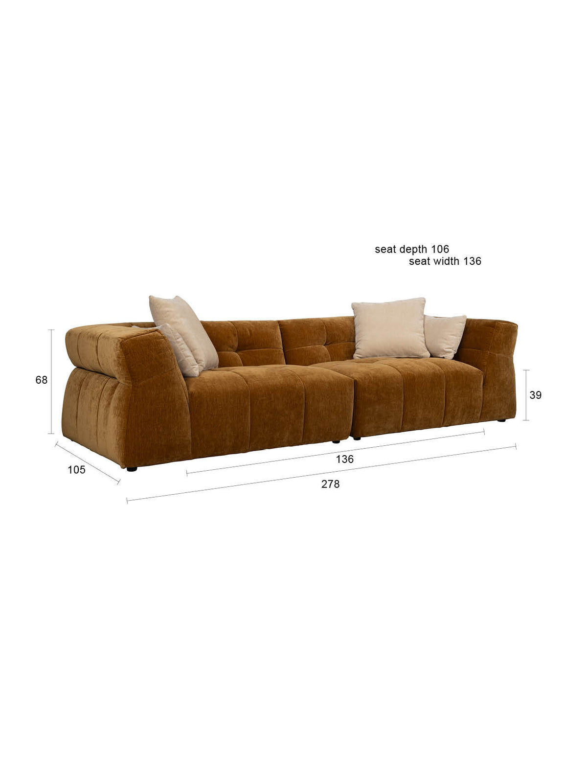 Braunes 5er Sofa Hodge von Dutchbone mit gesteppter Sitz- und Rückenlehne, Samtbezug in Ocker und geschwungenen Armlehnen.
