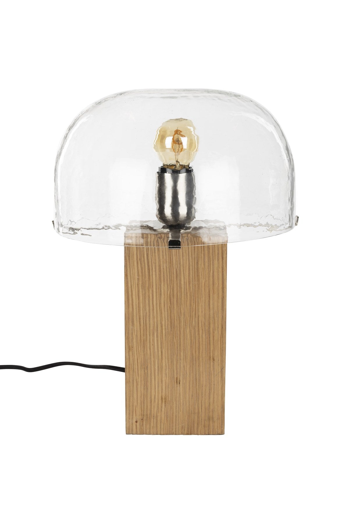 Tischleuchte Mavery Natural von Dutchbone mit Fuss aus Akazienholz und rundem Glasschirm in Pilzform, Kabel schwarz.