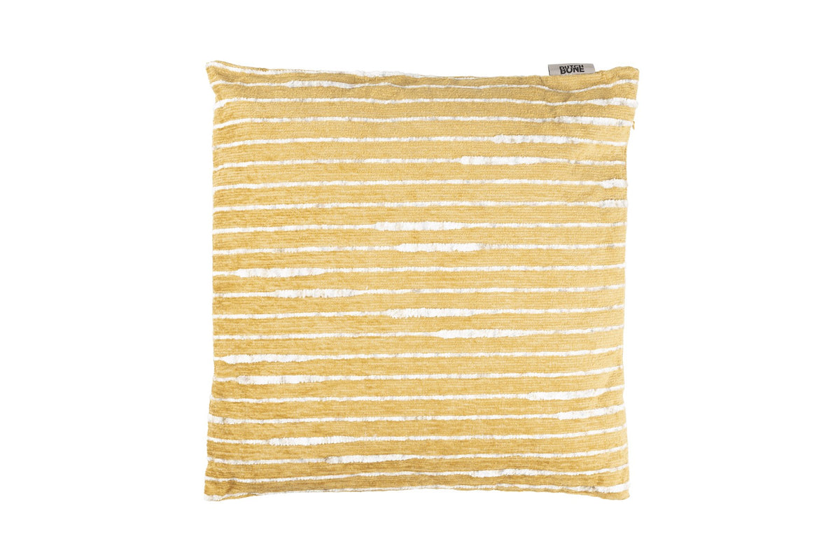 Quadratisches gelbes Kissen aus Polyester mit Baumwollfüllung, verziert mit unregelmässigen Plüsch-Linien, Grösse 45x45x10 cm.