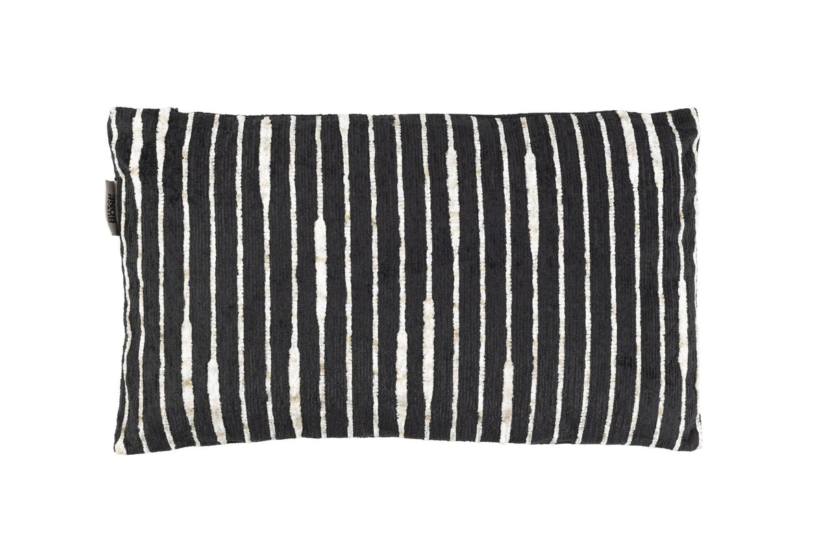 Schwarzes rechteckiges Kissen Cushion Leaf von Dutchbone mit unregelmässigen Plüschlinien, Bezug aus Polyester, Füllung aus Baumwolle, Format 30x50 cm.