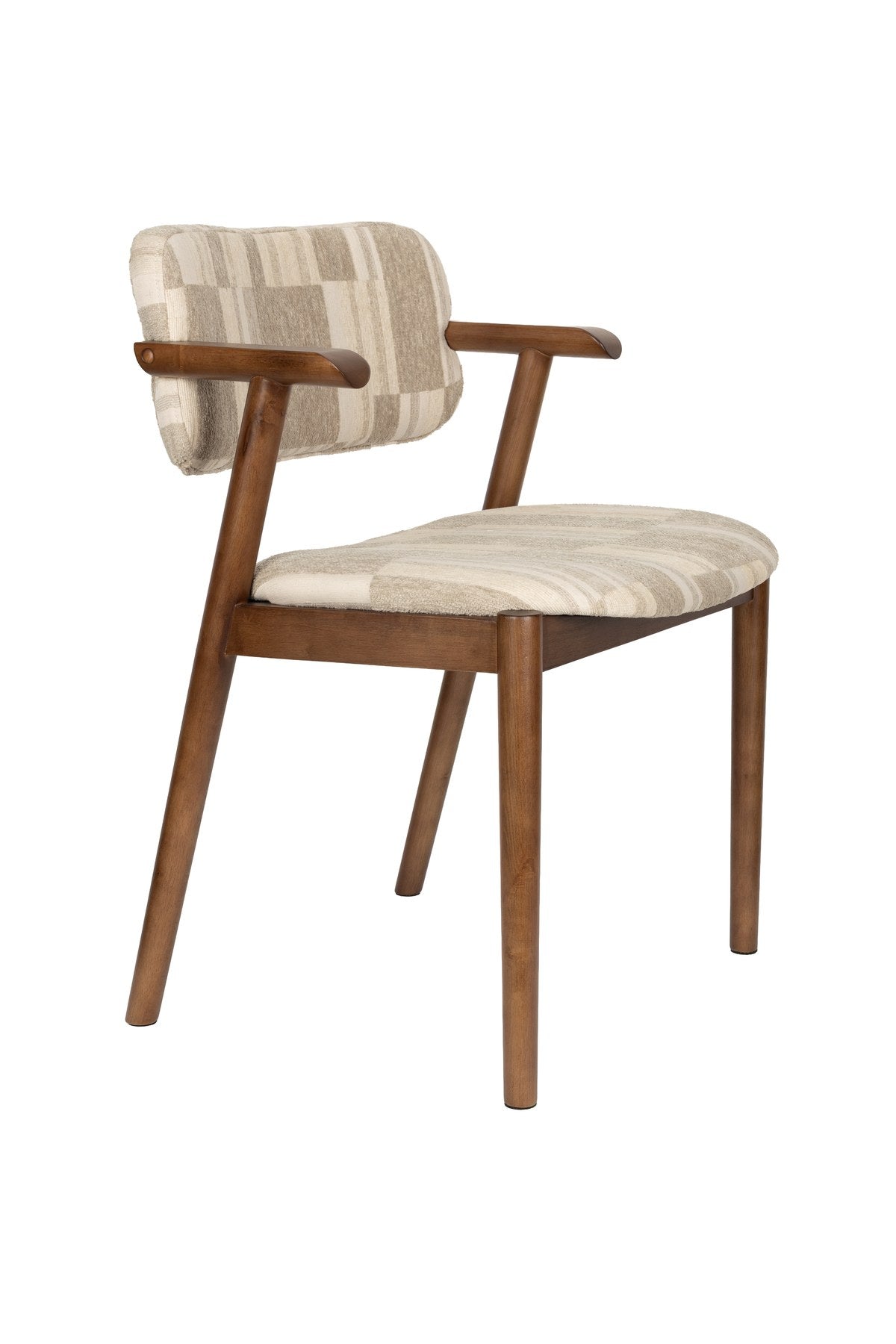 Beiger Esszimmerstuhl Chair Sara von Dutchbone mit gepolsterter Sitzfläche, grafischem Retro-Druck und Gestell in Braun, Ansicht von vorne.