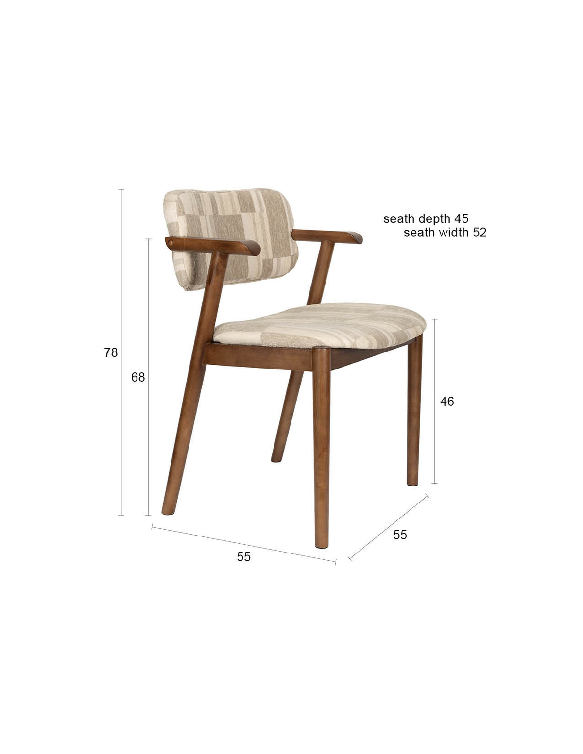 Beiger Esszimmerstuhl Chair Sara von Dutchbone mit gepolsterter Sitzfläche, grafischem Retro-Druck und Gestell in Braun, Ansicht von vorne.