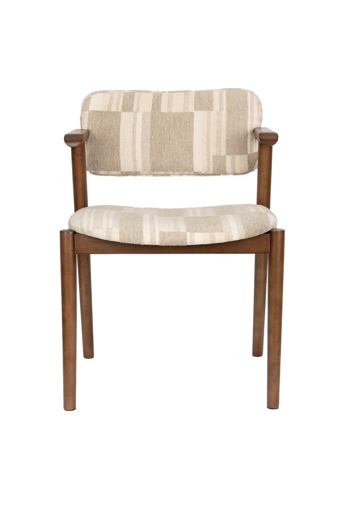 Beiger Esszimmerstuhl Chair Sara von Dutchbone mit gepolsterter Sitzfläche, grafischem Retro-Druck und Gestell in Braun, Ansicht von vorne.