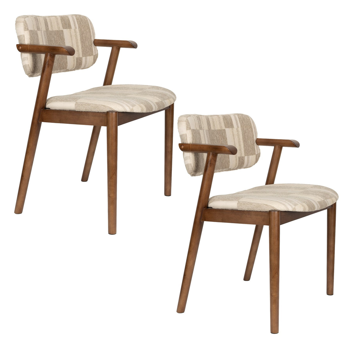Beiger Esszimmerstuhl Chair Sara von Dutchbone mit gepolsterter Sitzfläche, grafischem Retro-Druck und Gestell in Braun, Ansicht von vorne.
