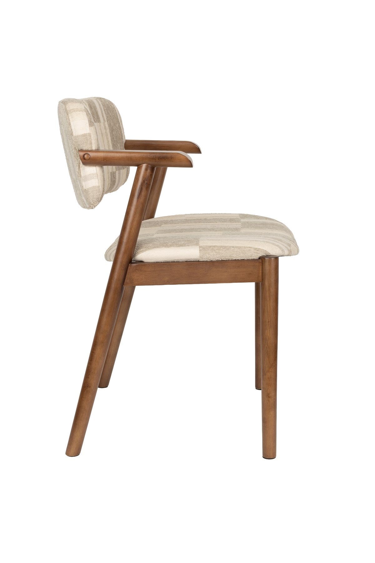 Beiger Esszimmerstuhl Chair Sara von Dutchbone mit gepolsterter Sitzfläche, grafischem Retro-Druck und Gestell in Braun, Ansicht von vorne.