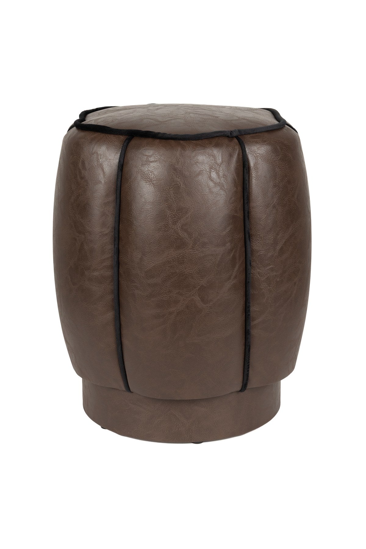 Braunes Pouf Donna mit Lederbezug, runde Form, dunkler Paspel entlang der Rundungen, gepolsterte Sitzfläche, für den Innenbereich.