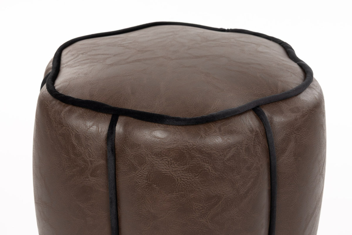 Braunes Pouf Donna mit Lederbezug, runde Form, dunkler Paspel entlang der Rundungen, gepolsterte Sitzfläche, für den Innenbereich.