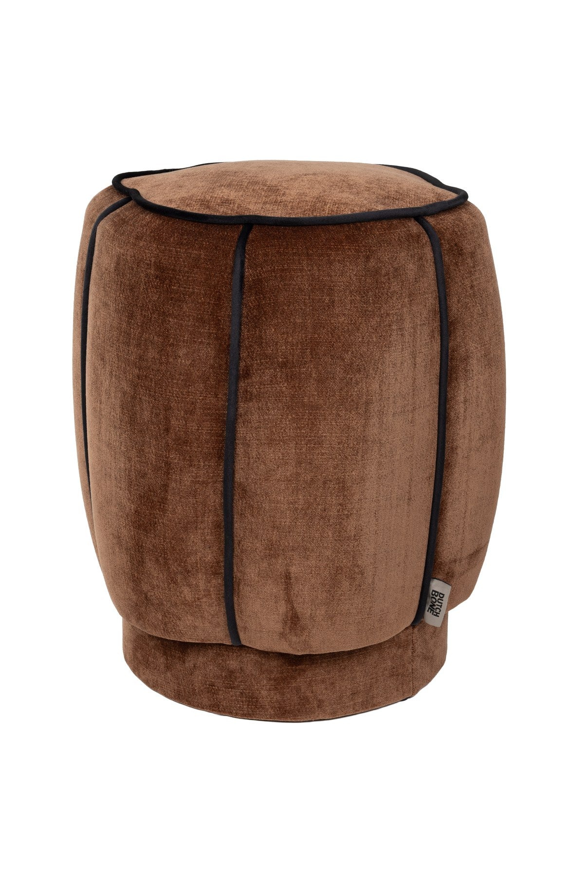 Runder Pouf mit dunkelbraunem Veloursbezug, gepolsterter Sitzfläche und dunklem Paspelrand, Hocker der Serie Donna von Dutchbone.