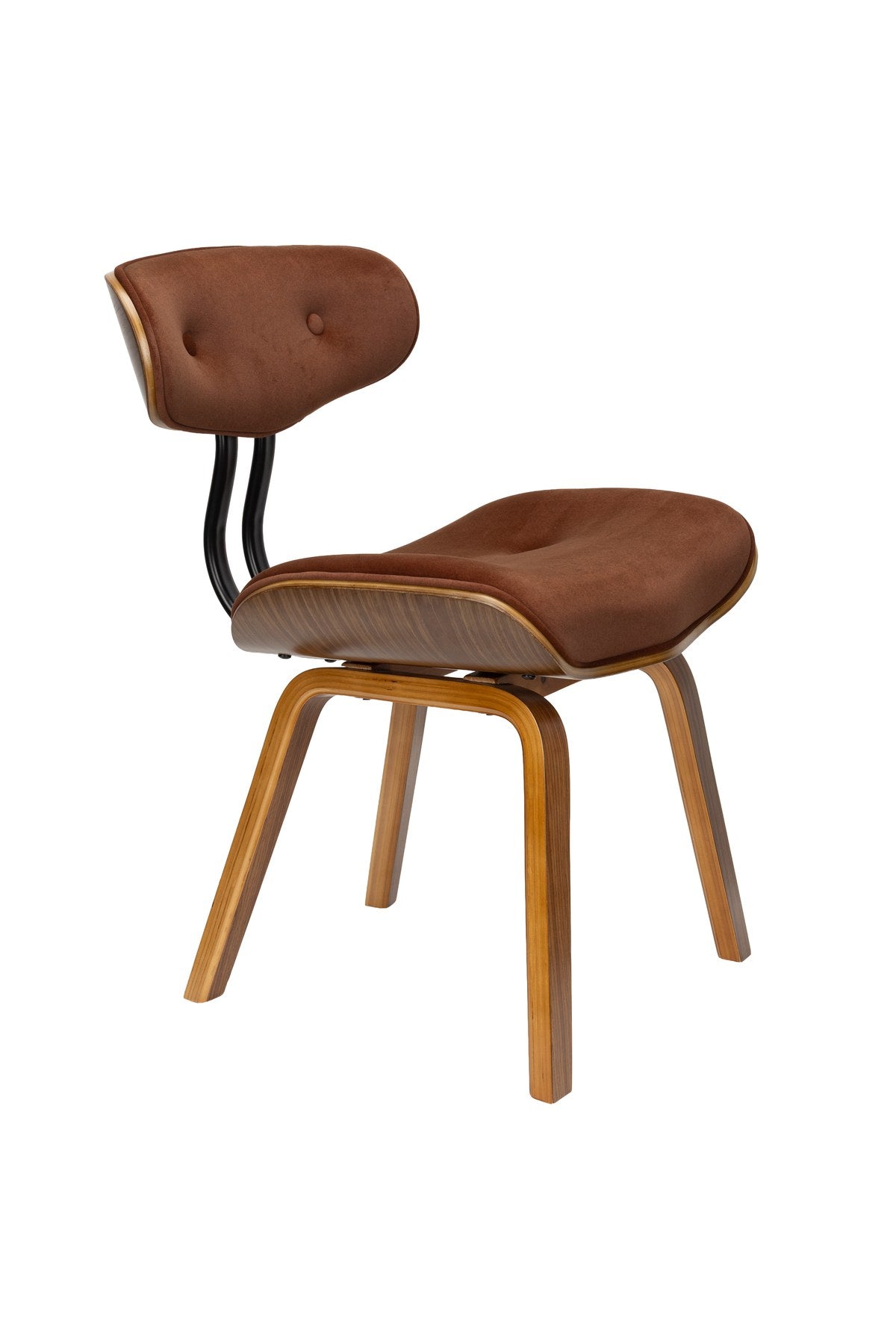 Gepolsterter Esszimmerstuhl Blackwood in Braun mit Rückenlehne aus Polyester, Sitzfläche aus Pappelholz und dunklem Holzgestell.
