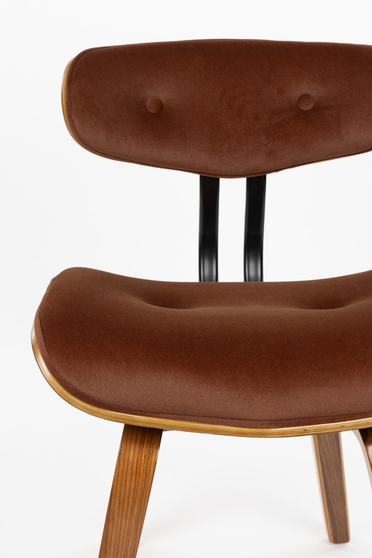 Gepolsterter Esszimmerstuhl Blackwood in Braun mit Rückenlehne aus Polyester, Sitzfläche aus Pappelholz und dunklem Holzgestell.