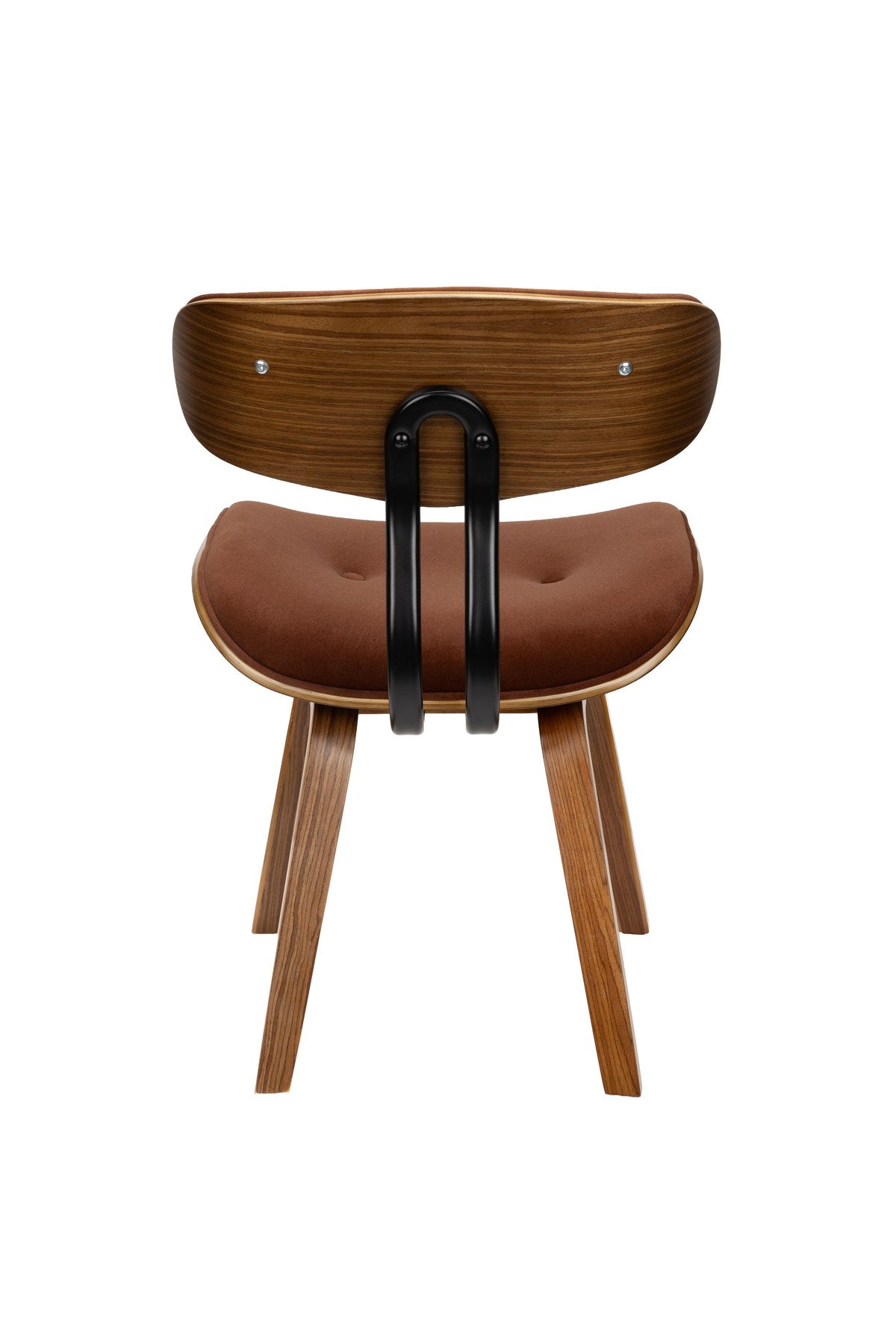 Gepolsterter Esszimmerstuhl Blackwood in Braun mit Rückenlehne aus Polyester, Sitzfläche aus Pappelholz und dunklem Holzgestell.