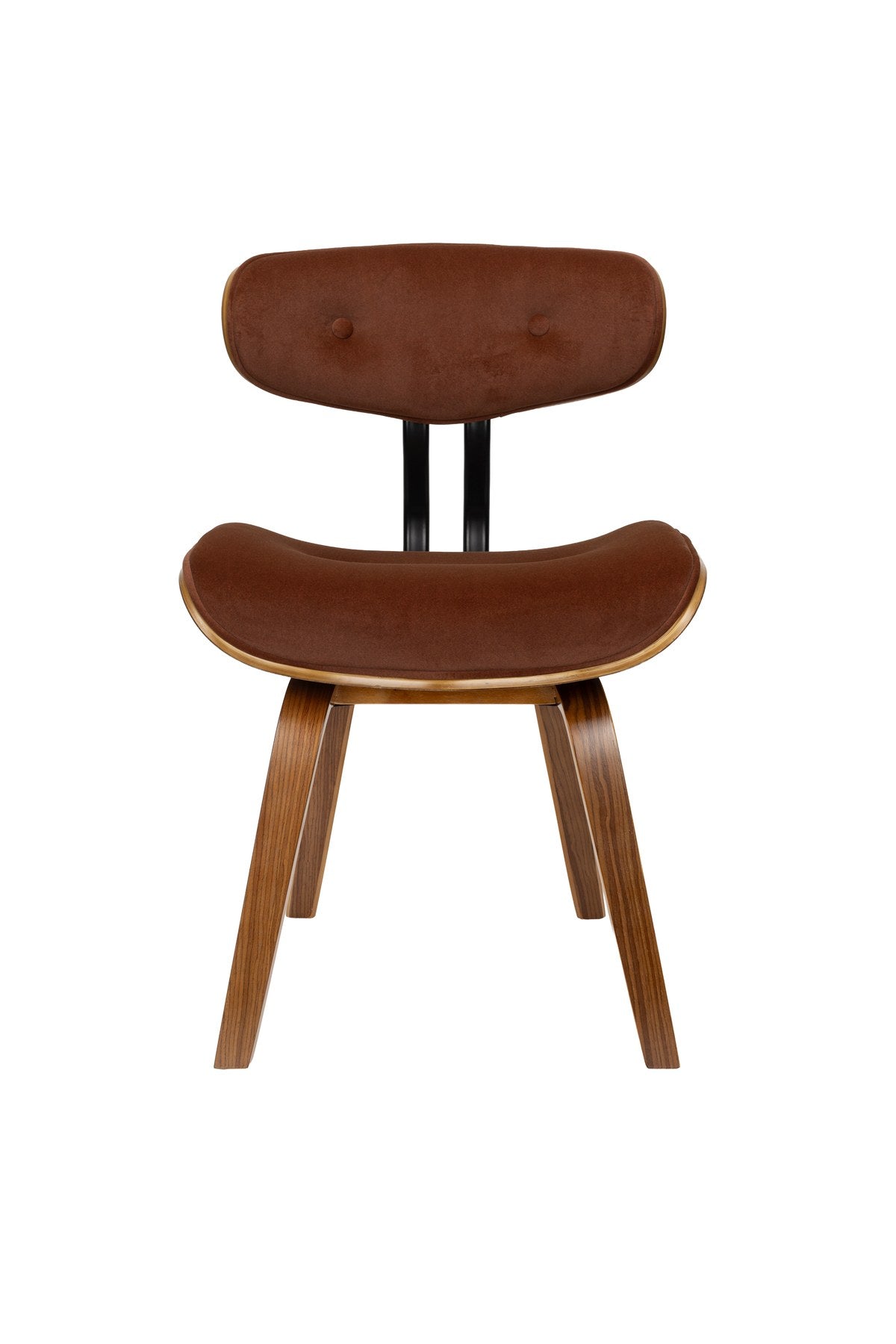 Gepolsterter Esszimmerstuhl Blackwood in Braun mit Rückenlehne aus Polyester, Sitzfläche aus Pappelholz und dunklem Holzgestell.