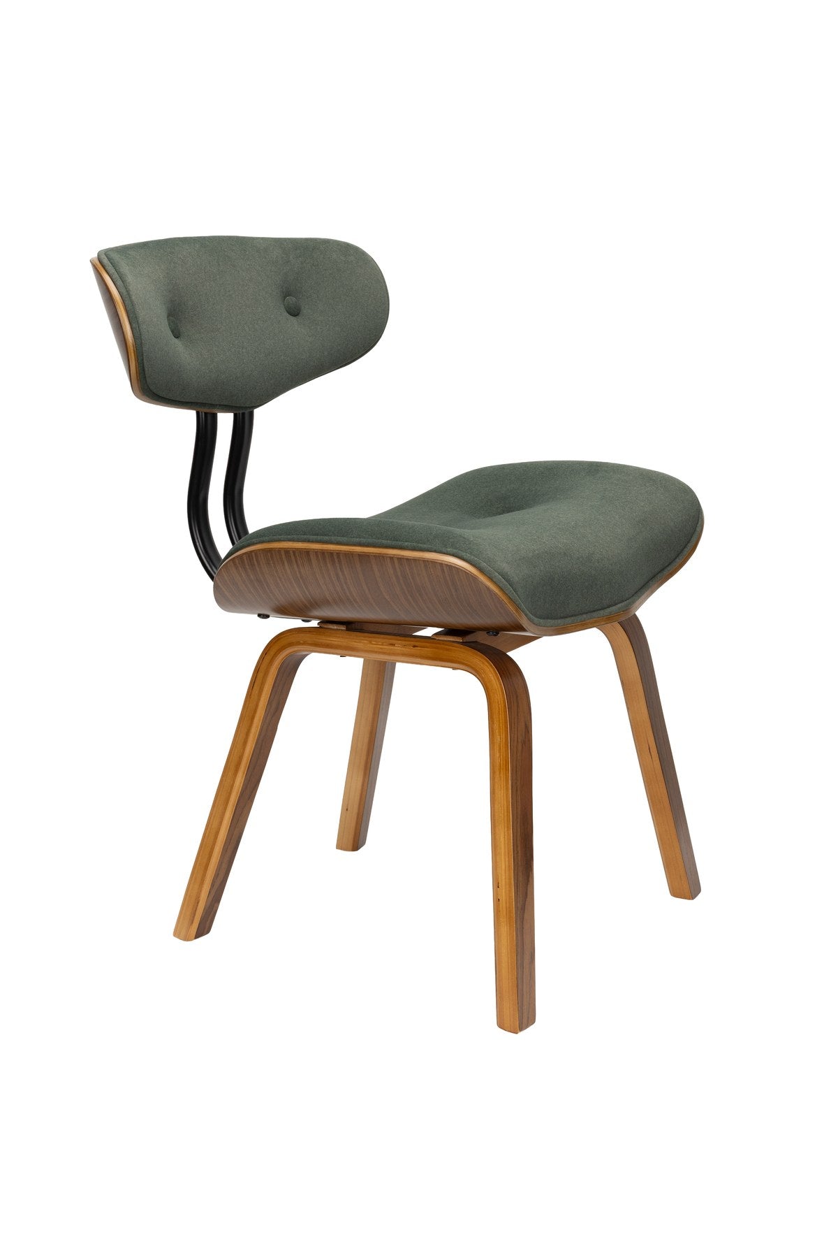 Grüner Polsterstuhl mit furniertem Holzgestell und gepolsterter Sitzfläche aus Pappelholz, Rückenlehne aus Polyester.