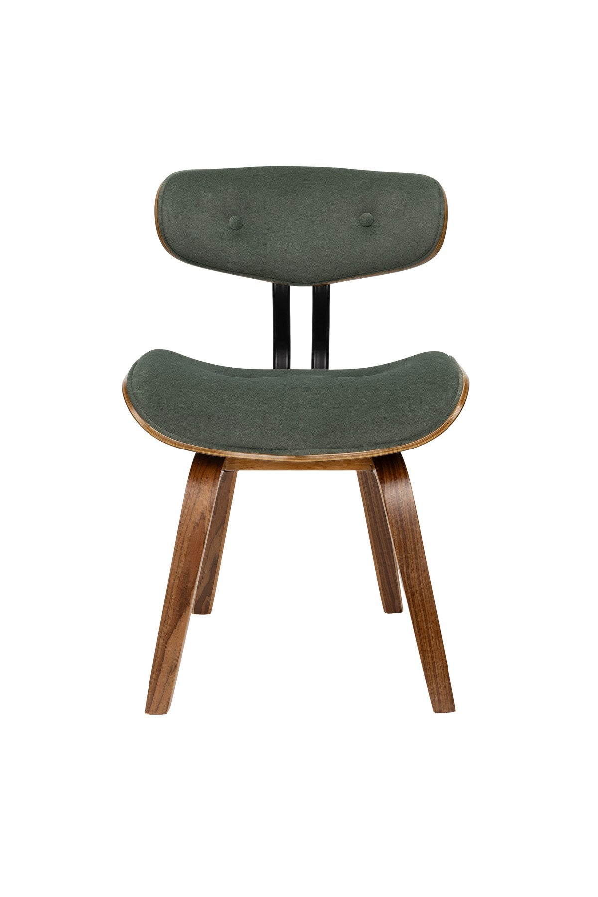 Grüner Polsterstuhl mit furniertem Holzgestell und gepolsterter Sitzfläche aus Pappelholz, Rückenlehne aus Polyester.