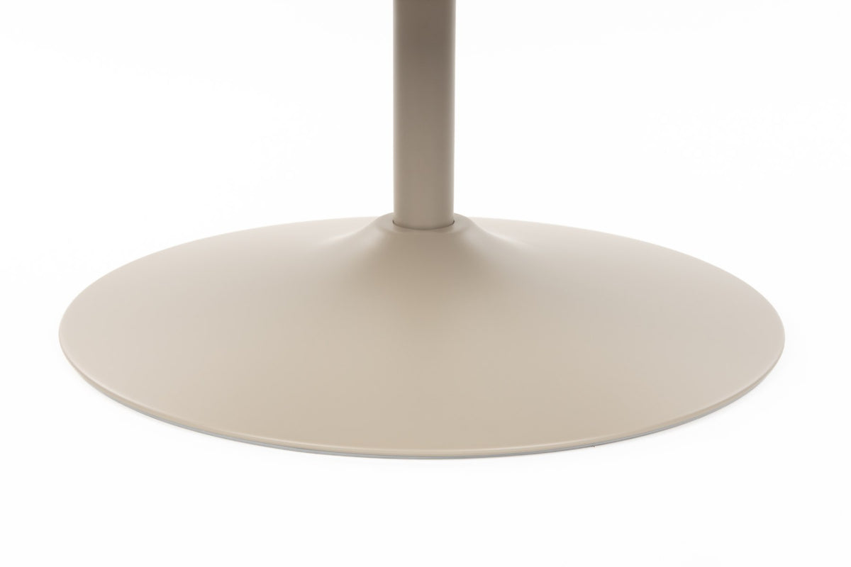 Beige gepolsterter Barstuhl mit Armlehne von Dutchbone, runde Form, Polyester-Sitzfläche und drehbares Stahlgestell im Bar-Design.